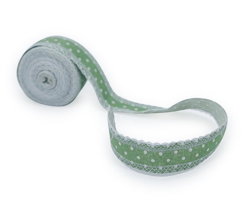 Chinoise Green Polka Jute Ribbon with lace edges Chinoise Green Polka Jute Ribbon with lace edges
