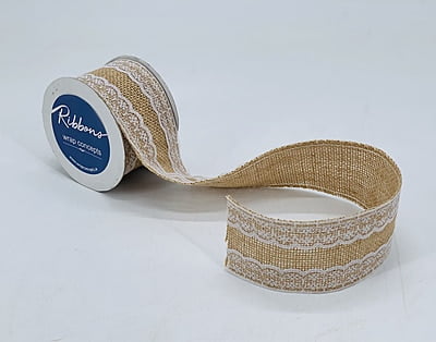 Jute Burlap Ribbon with White Lace Edges - 60/ 70 MM