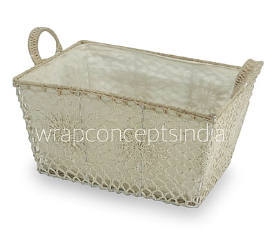 Rectangle Crochet Handwoven Basket with Cloth Lining
