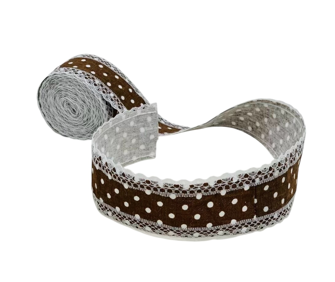 Coffe Polka Jute Ribbon with Lace Edges