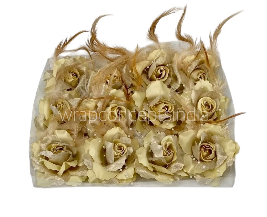 Light Gold Rose With Feather & Pearl String
