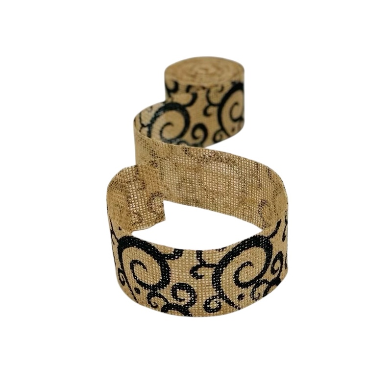 Burlap ribbon with Black Swirls